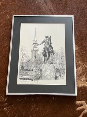 Vintage framed print by artist, depicting the Paul Revere statue